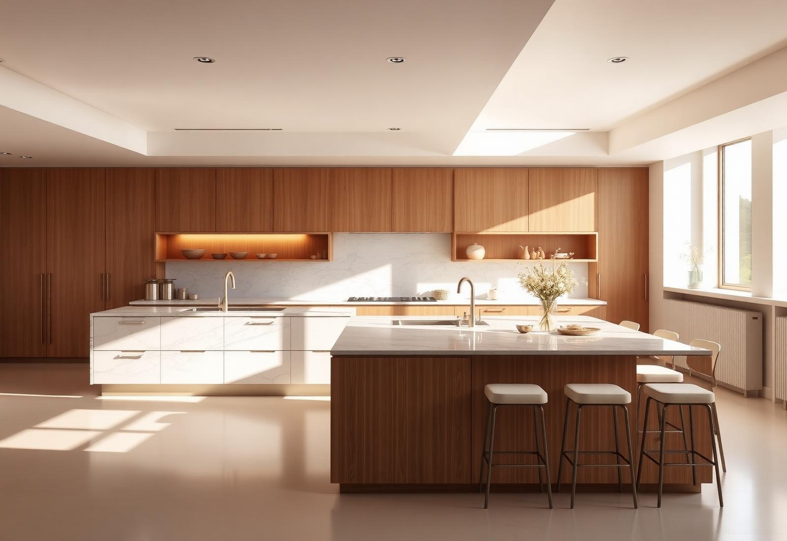 Showroom con isla de mármol y cocina de exposición iluminada por luz natural